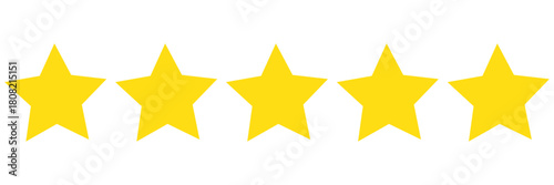 Gold star rating bar with five yellow stars. Transparent PNG for review badges, feedback ratings, score icons, and positive testimonial graphics