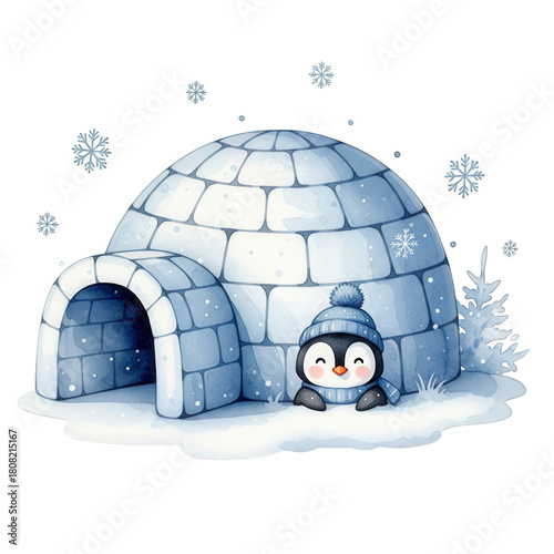 Adorable watercolor penguin wearing a beanie near an igloo with falling snow on transparent background