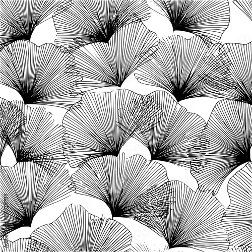Black and white seamless pattern of fan shaped leaves with radiating lines and textured details shown