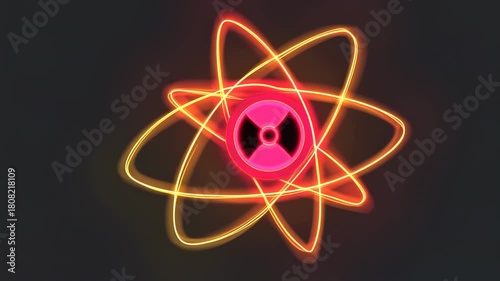 Glowing neon atom symbol with radiation icon on a dark background. Neon orbits around core
