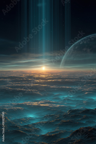Surreal celestial sunrise above a dreamlike sea of clouds with a glowing halo star and iridescent mist