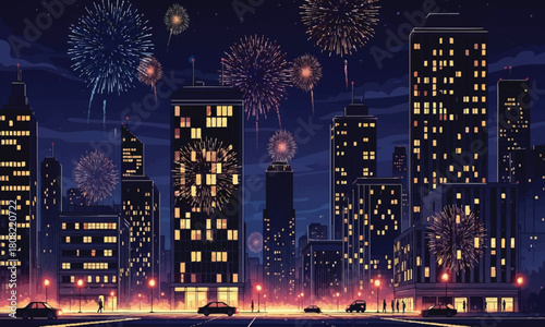 Vibrant Nighttime Cityscape Illuminating with Dazzling Fireworks Display and Festive Celebrations