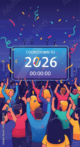 Excited crowd celebrates a vibrant New Year's Eve countdown with falling confetti, anticipating a fresh start and future successes