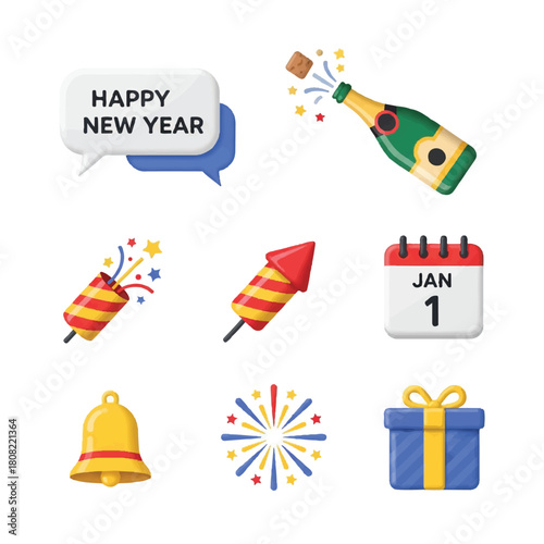 New Years Celebration Icons: Champagne Fireworks and Calendar.