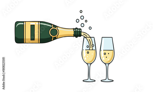 Festive illustration of a champagne bottle pouring sparkling wine into two elegant flutes, symbolizing celebration and toasts