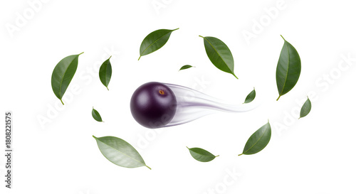 Dynamic superfood berry in motion, surrounded by vibrant green leaves, symbolizing freshness, health, and natural energy on a crisp white background