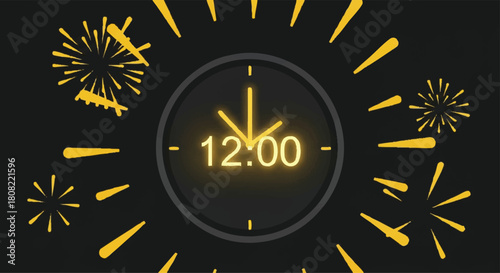 Midnight Countdown with Sparkling Fireworks, a Radiant Clock Face Marking New Year's Eve Celebration and Festive Beginnings