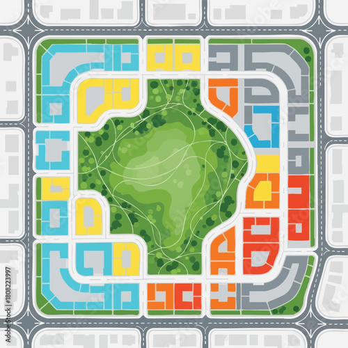 An intricate aerial illustration showcasing a vibrant, modern urban city plan with colorful buildings surrounding a lush central green park, connected by a grid road network.