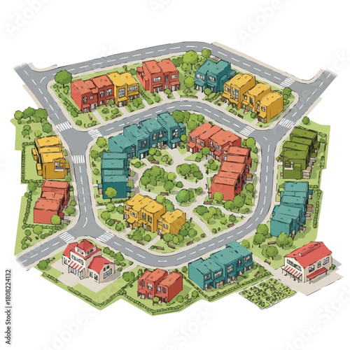 Vibrant aerial illustration of a modern residential community, showcasing colorful houses clustered around green spaces and winding roads, depicting thoughtful urban planning.