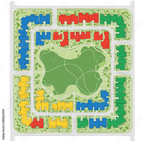 A vibrant aerial plan of a modern residential community, showcasing colorful houses arranged around a large central park, symbolizing urban planning.