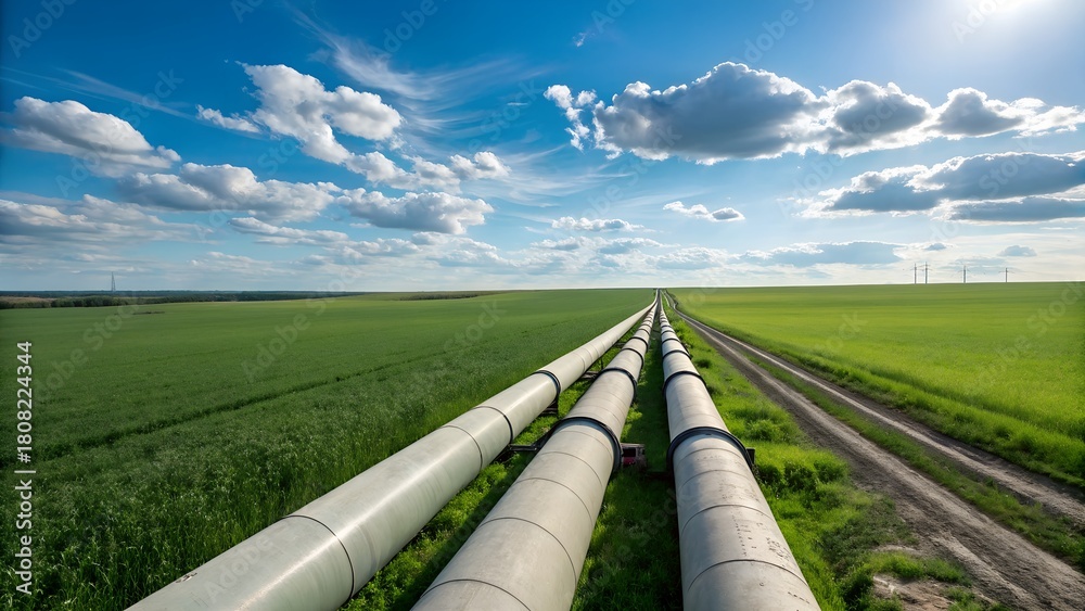 Fototapeta premium Dramatic pipeline stretches across vibrant green fields under a bright blue sky with wispy clouds ideal for infrastructure projects