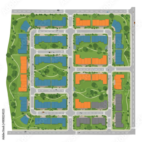 A detailed overhead illustration of a modern residential community master plan, highlighting various housing blocks, interconnected roads, and abundant green spaces.