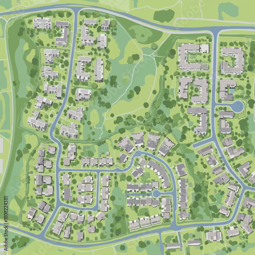An illustrative aerial view showcases a meticulously planned modern residential community, featuring numerous homes, green spaces, and connecting roads for urban development.