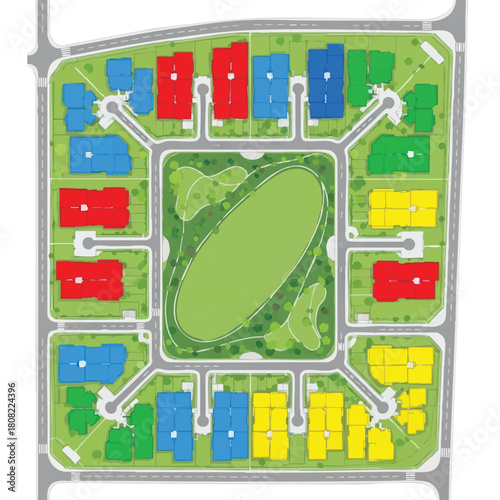 Vibrant aerial illustration showcases a meticulously planned residential community layout, with colorful houses, a central green park, and modern street networks.
