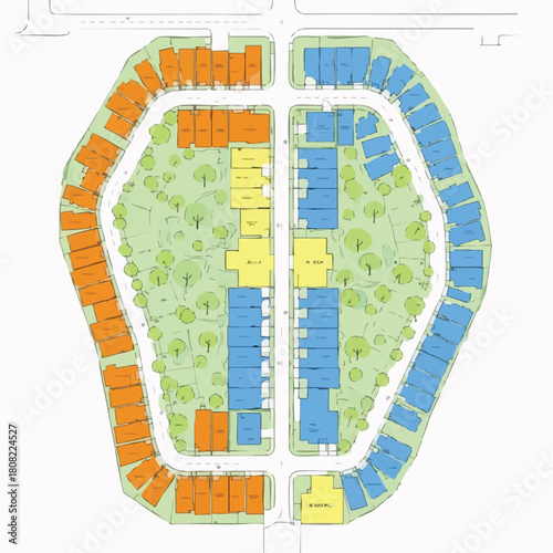 An intricate aerial blueprint illustrates a modern residential community master plan, showcasing diverse housing units, green spaces, and meticulously designed urban infrastructure.