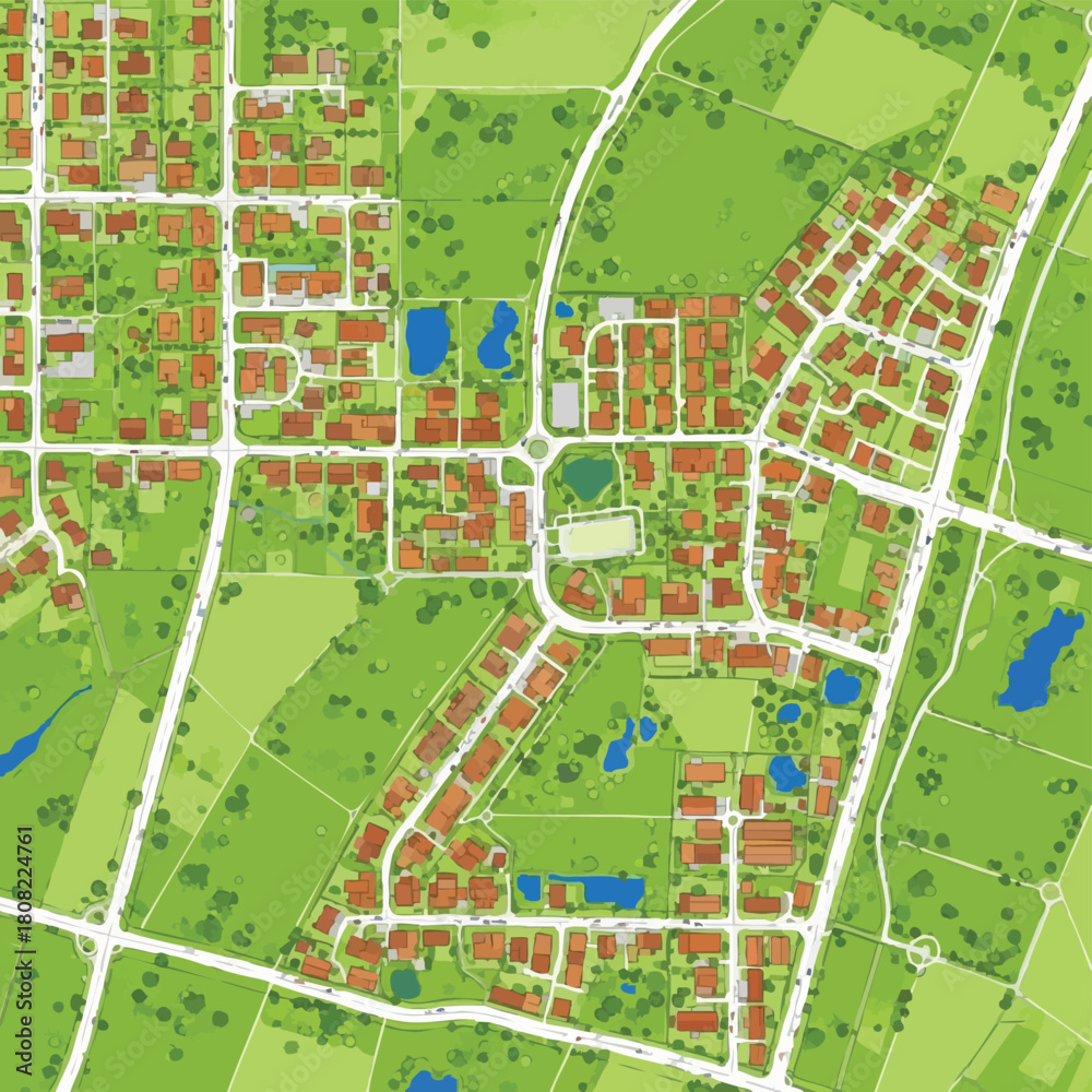 Fototapeta premium An intricate bird's-eye perspective displays a modern, green suburban development, complete with residential buildings, interconnected roads, and natural landscapes.
