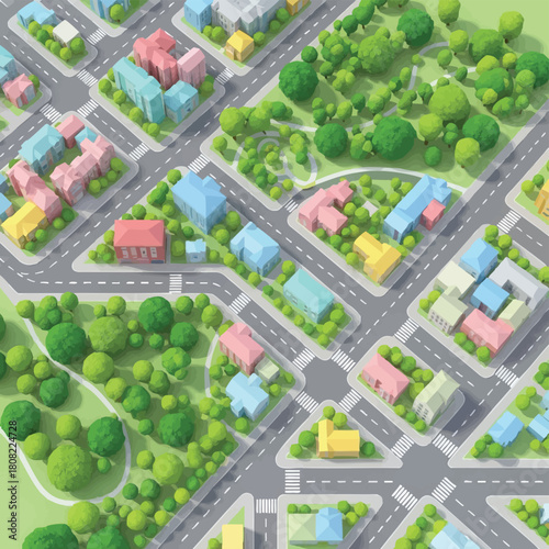 An illustrative aerial perspective showcases a vibrant, modern city district with colorful buildings, winding roads, and lush green parks, symbolizing urban planning and community.
