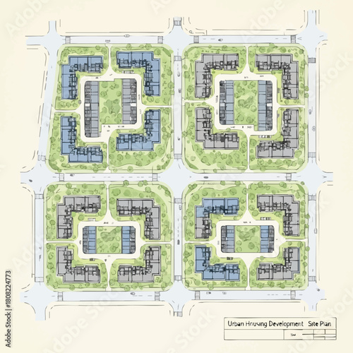 This detailed architectural site plan depicts a modern urban housing development, showcasing residential blocks, green spaces, and an integrated road system.