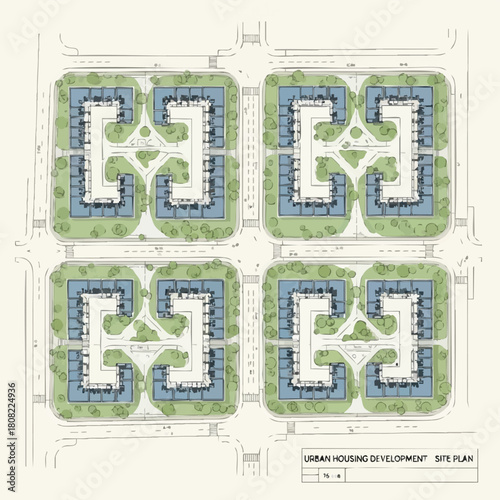 Detailed overhead view of an urban housing development site plan, showcasing modern residential buildings, green courtyards, and surrounding infrastructure.