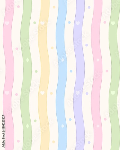 Colorful curly shape retro pattern background with diamonds & hearts 
