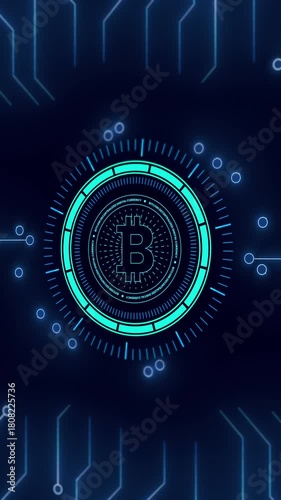 A futuristic vertical motion graphic of a Bitcoin symbol surrounded by dynamic, rotating digital rings and circuit paths, representing secure technology.