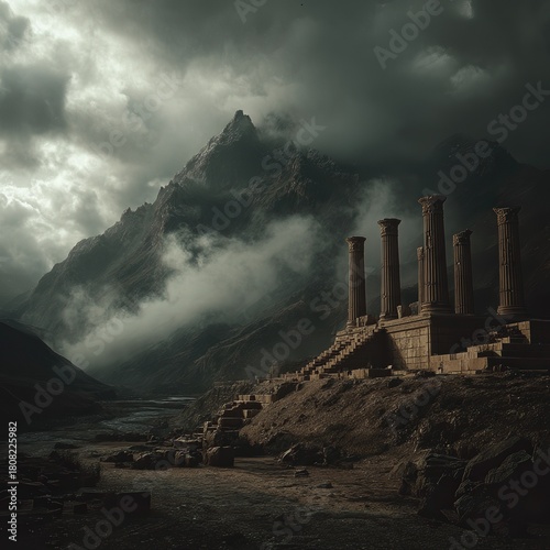 Dramatic ancient ruins with towe columns set against a misty mountainous landscape under stormy dark clouds