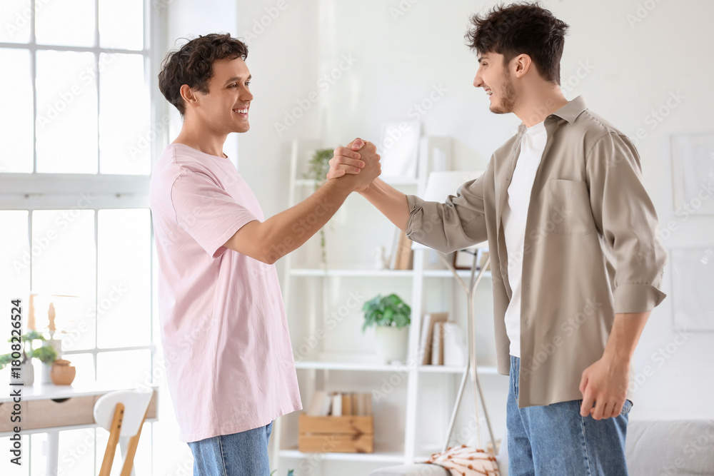 Obraz premium Young brothers holding hands at home