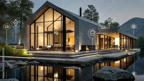 Modern minimalist house by the lake with large windows and lush greenery, evening glow