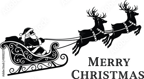 Black and white silhouette of Santa Claus flying in sleigh with reindeer, Merry Christmas typography, vector illustration for holiday greeting card, festive decoration design