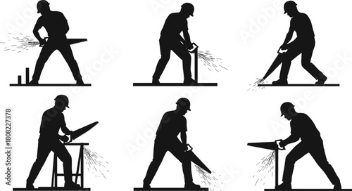 Metal cutting worker silhouette set, construction tradesman using hand saw and power tool, sparks flying while cutting steel materials, heavy industry labor occupation.