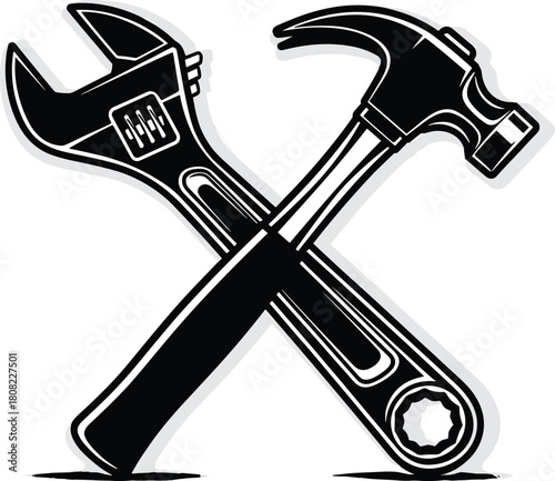 Black and white vector illustration of crossed adjustable wrench and claw hammer tools isolated on white background for handyman repair service logo design symbol art.