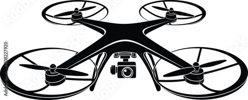 Black silhouette of quadcopter drone with camera, vector illustration of unmanned aerial vehicle, technology icon for surveillance, aerial photography, remote control flying toy graphic