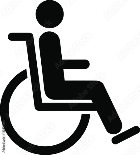 Black wheelchair icon symbol vector illustration for disability access and handicapped parking sign isolated on white background for medical healthcare hospital design graphic art.