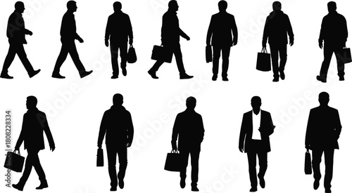 Businessman silhouette set, collection of walking men, professionals with briefcases, commuters and pedestrians, isolated vector icons, male figures in suits, people walking concept.