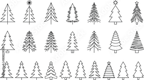 Christmas tree line art vector set, black outline pine collection, isolated winter fir icons for holiday design, simple doodle sketch, and new year decoration