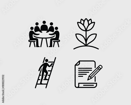 Meeting people climbing flower writing document table chairs