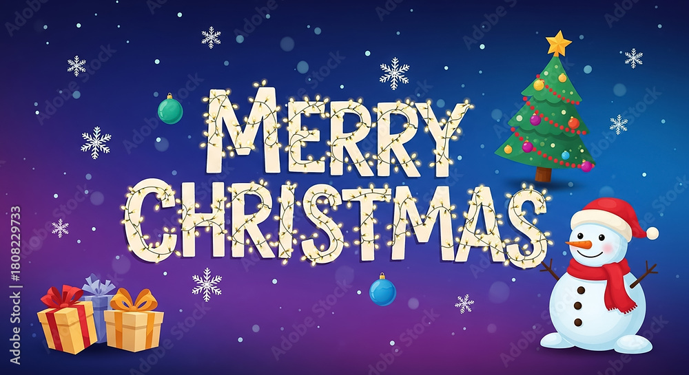 Fototapeta premium Merry Christmas text with lights, snowman, tree, and gifts on snowy background