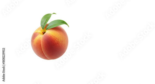 A ripe, fuzzy peach with two green leaves rests against a clean white background, showcasing its vibrant colors and delicate texture