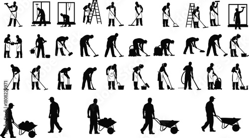 Cleaning worker silhouette collection, janitor mopping floor, window cleaner on ladder, man pushing wheelbarrow, manual labor vector icon set, isolated on white.
