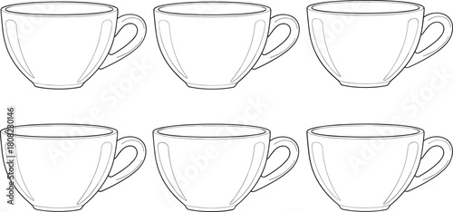 Coffee cup line art vector set, black outline tea mug collection, isolated kitchen dishware for coloring book, simple drink illustration, beverage design element icon.