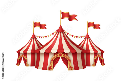 Three classic striped circus tents with flags isolated on transparent background