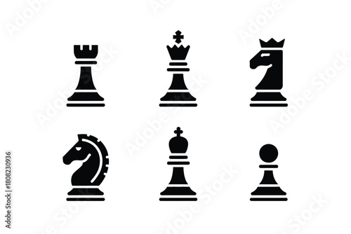 Minimalist black chess pieces icons on white background rook king