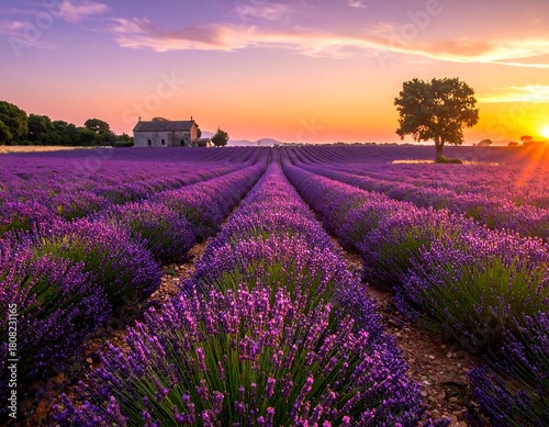 Sunset illuminates rows of lavender, with a small building and tree