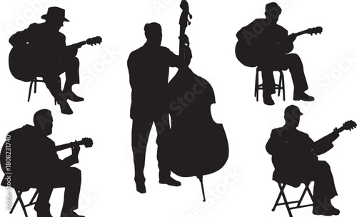 Acoustic Bass Guitar Player Silhouette Set