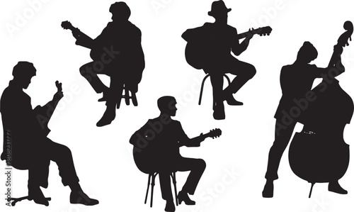 Acoustic Bass Guitar Player Silhouette Set