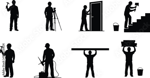 Construction worker silhouette collection, builder icons with hard hats, man using hammer, drill, and survey level, carrying materials, renovation vector set, isolated.