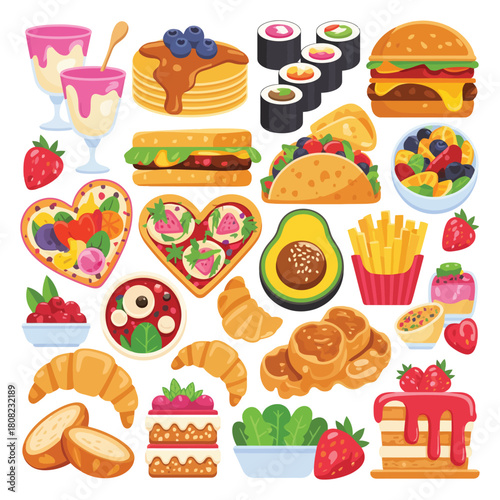 Ultimate Cartoon Food and Dessert Bundle Heart Shaped Pizza Pancakes with Berries French Fries and More