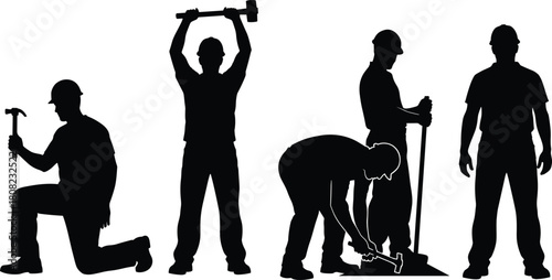 Construction worker silhouette set, a builder in a hard hat in various poses, kneeling with hammer, swinging sledgehammer, standing, isolated vector icon collection.