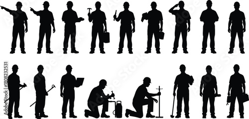 Construction worker silhouette set, a collection of builders and engineers in hard hats, featuring various poses, tools, hammer, laptop, and toolbox, isolated vector icon collection.