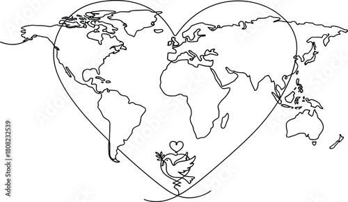 World Map Earth Day Illustration In Heart Shape Concept Continuous Line Drawing Design On Transparent Background Silhouette Style Vector Art